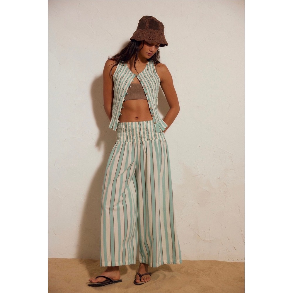 NEW Free People Free-est Wild Summer Smocked Wide Leg Striped Pant Size S